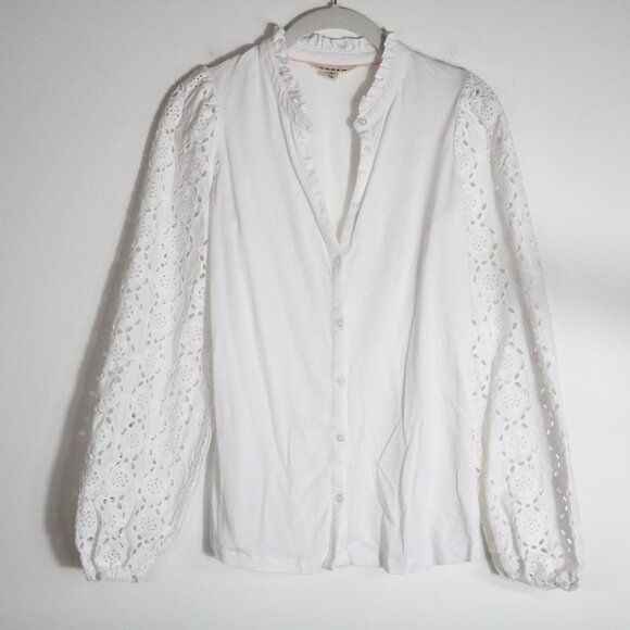 Boden Eden Broderie Blouse Womens 4 White Henley Lace Puff Sleeve Button Up - Picture 1 of 5